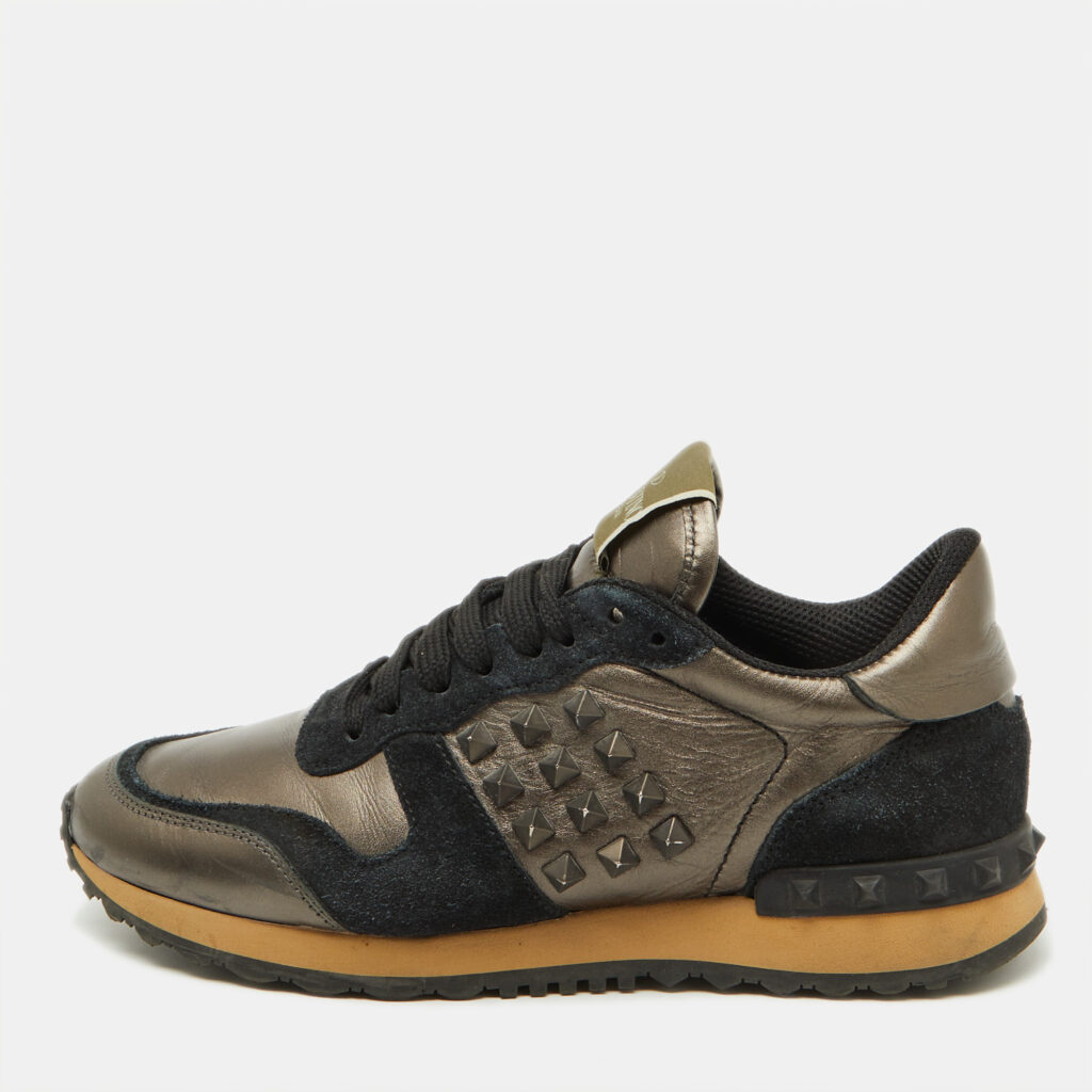 luxury-women-valentino-used-shoes-p1105232-001 Valentino Metallic/Black Leather and Suede Rockrunner Sneakers Size 37
