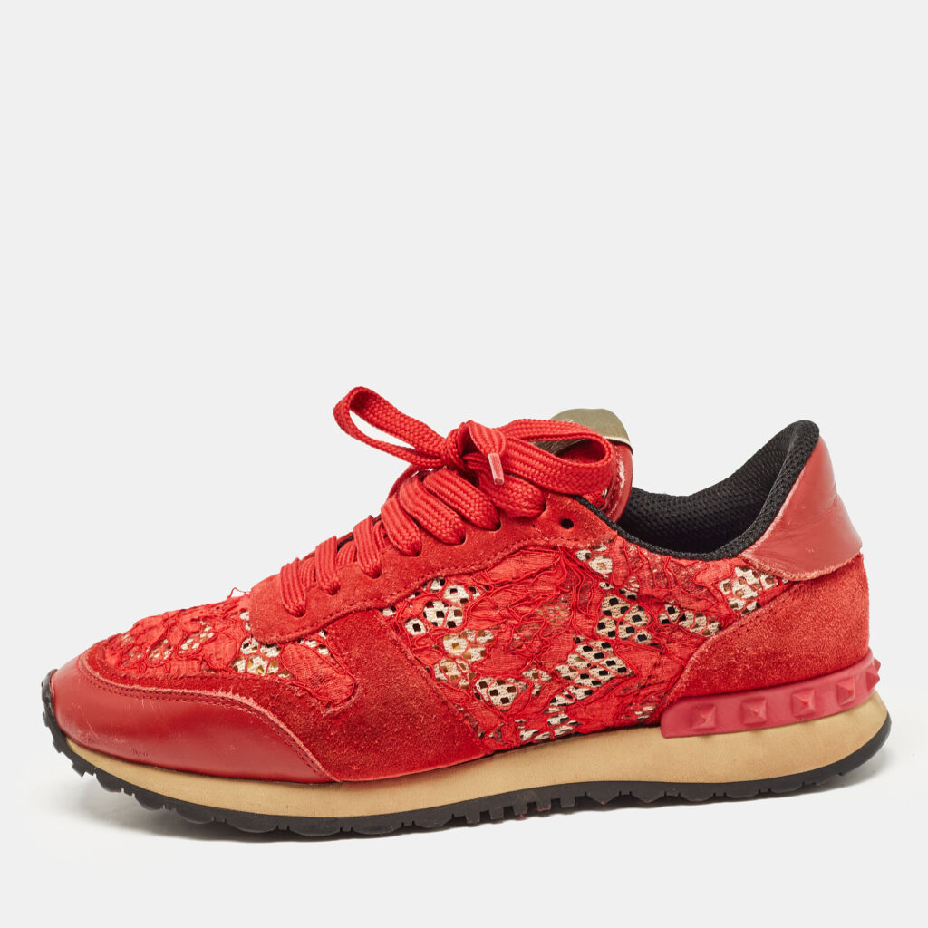 luxury-women-valentino-used-shoes-p1105595-003 Valentino Red Lace and Suede Rockrunner Lace Up Sneakers Size 37.5