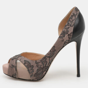 Valentino Beige/Black Lace and Leather Peep Toe Platform Pumps Size 36
