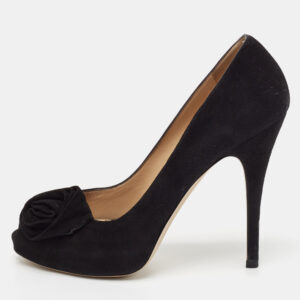 Valentino Black Suede Rose Peep Toe Pumps Size 39