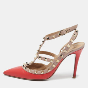 Valentino Red/Beige Leather Rockstud Ankle Strap Pumps Size 37
