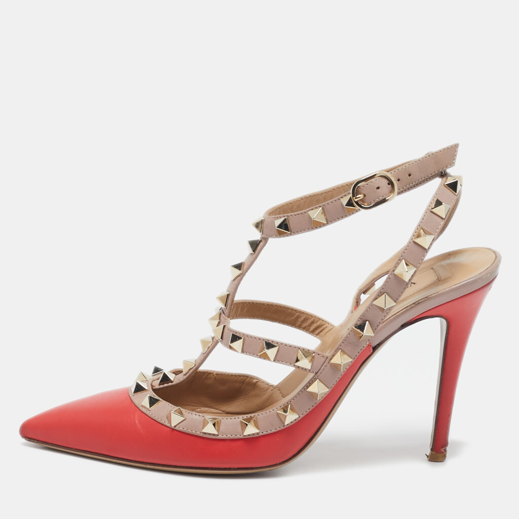 luxury-women-valentino-used-shoes-p1110684-001 Valentino Red/Beige Leather Rockstud Ankle Strap Pumps Size 37