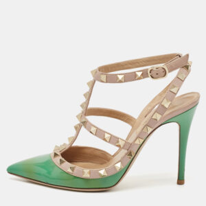 Valentino Green/Beige Leather Rockstud Strappy Pointed Toe Pumps Size 35