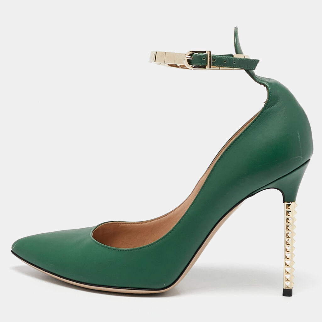 luxury-women-valentino-used-shoes-p1111073-010 Valentino Green Leather Pointed Toe Ankle Strap Pumps Size 36