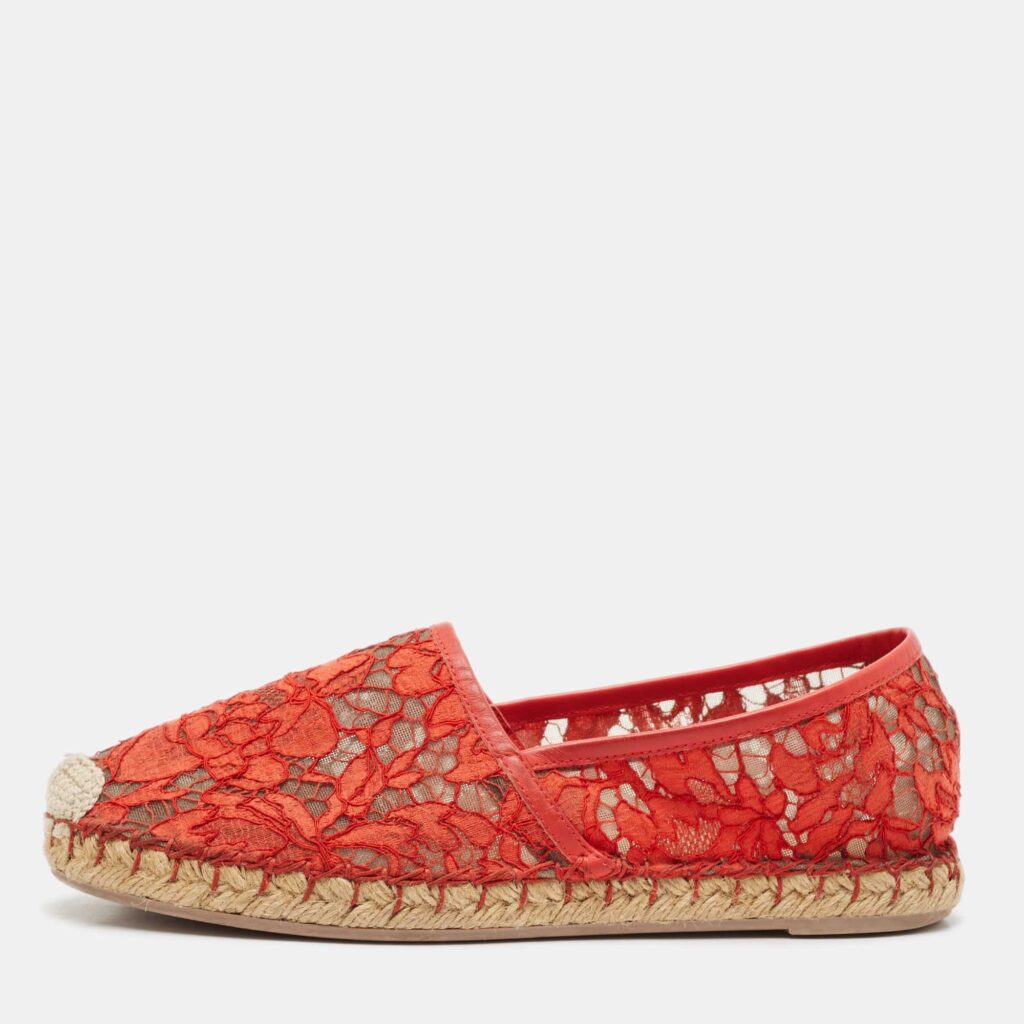 Valentino Red Lace and Leather Espadrille Flats Size 37