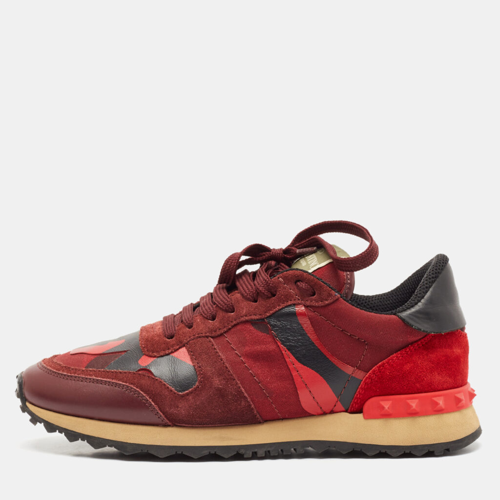 luxury-women-valentino-used-shoes-p1112701-008 Valentino Red/Burgundy Leather and Suede Rockrunner Sneakers Size 38