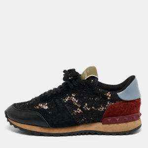 Valentino Black Leather And Lace Rockrunner Sneakers Size 36.5