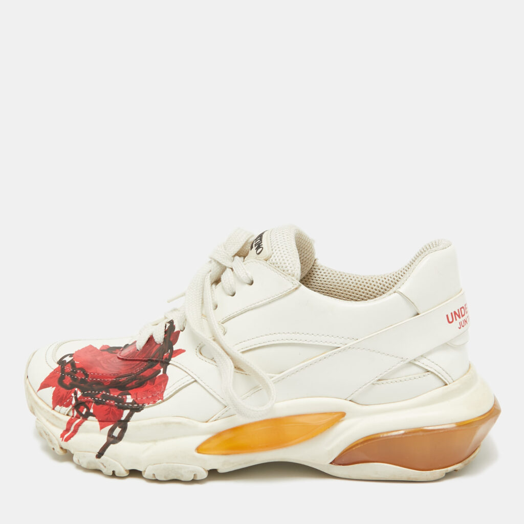 Valentino x Undercover White Leather Chain Rose Print Bounce Sneakers Size 36