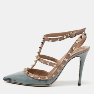 Valentino Pale Blue/Beige Patent Leather Rockstud Ankle Strap Pumps Size 38