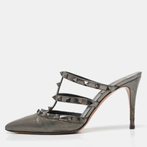 Valentino Metallic Grey Leather Rockstud Mules Size 39