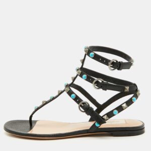 Valentino Black Leather Rolling Rockstud Ankle Strap Flat Sandals Size 38.5
