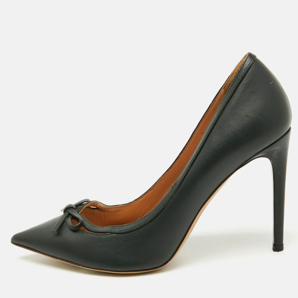 Valentino Dark Green Leather Bow Cut Out Pointed Toe Pumps Size 38.5