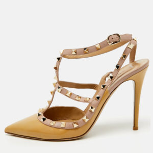 valentino beige/pink patent leather rockstud ankle strap pumps size 41