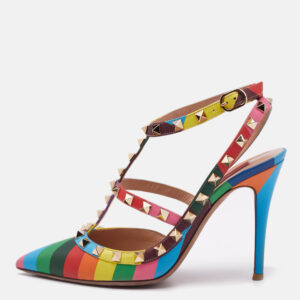 valentino multicolor leather striped rockstud ankle strap pumps size 37