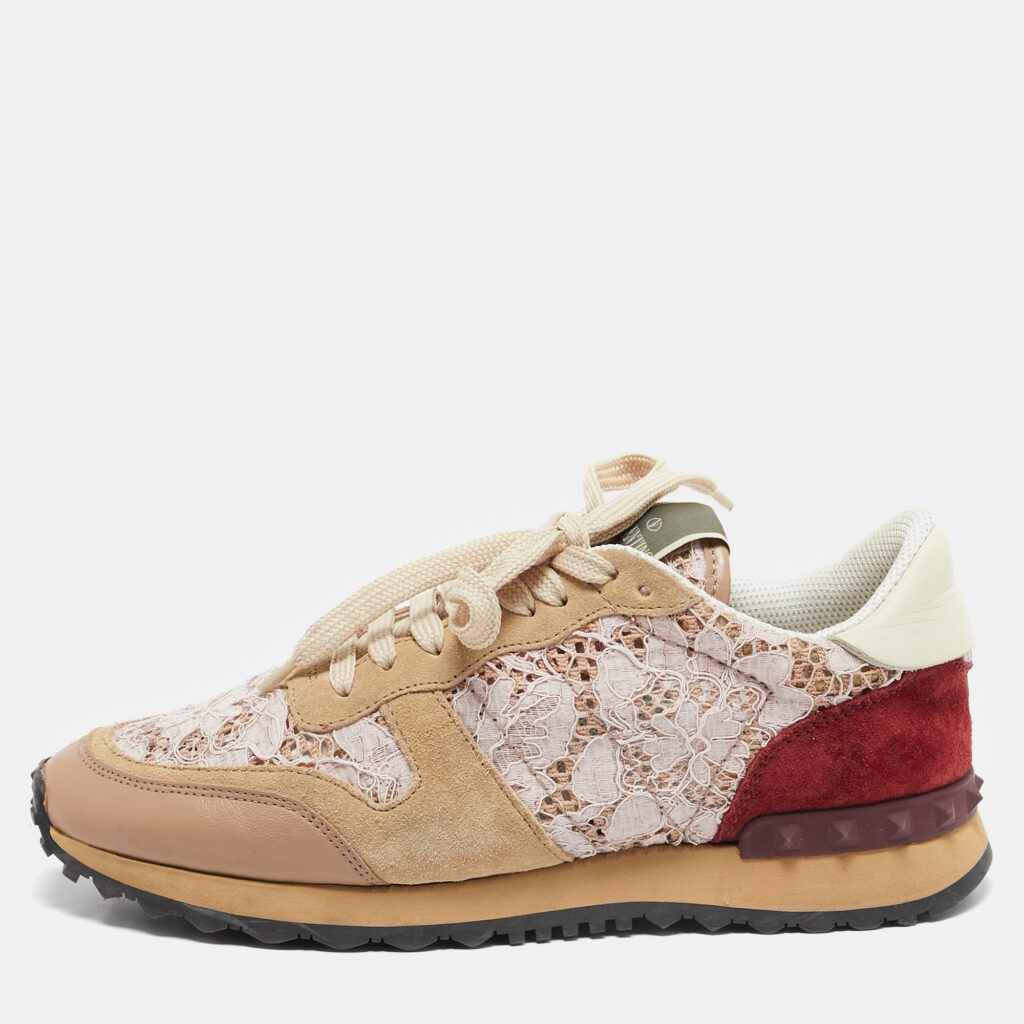 Valentino Pink/Beige Leather and Suede Camouflage Rockrunner Low Top Sneakers Size 37