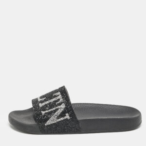 Valentino Black Leather Crystal Embellished Flat Slides Size 37