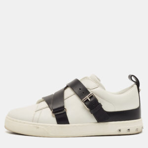 Valentino White/Black Leather Buckle Strap Rockstud Low Top Sneakers Size 38.5