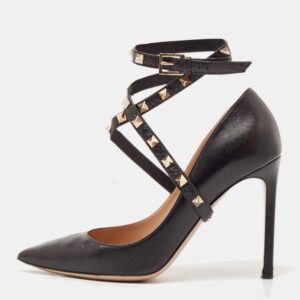 Valentino Black Leather Rockstud Ankle Wrap Pumps Size 38
