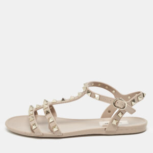 Valentino Beige Rubber Rockstud Ankle Strap Flat Sandals Size 35