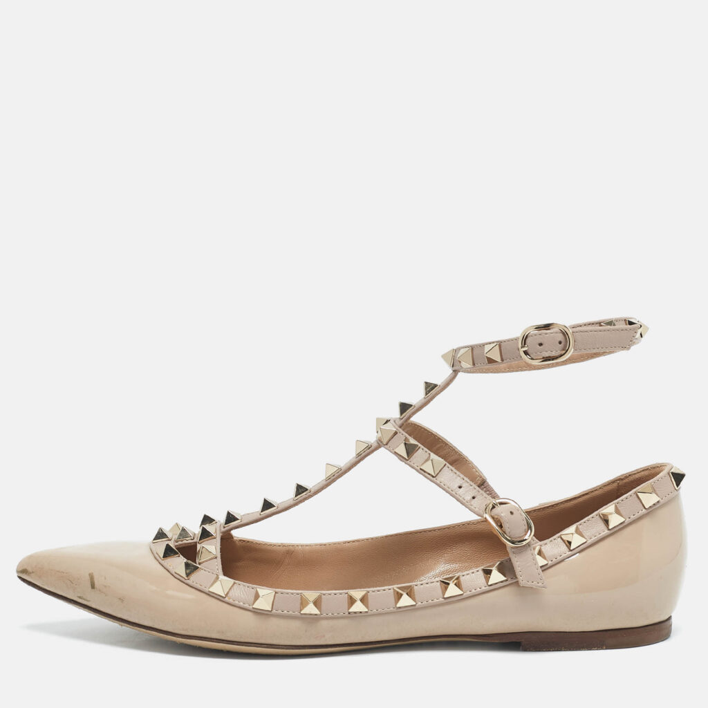 luxury-women-valentino-used-shoes-p1136418-010 Valentino Beige Patent Leather Rockstud Caged Ankle Strap Ballet Flats Size 38.5