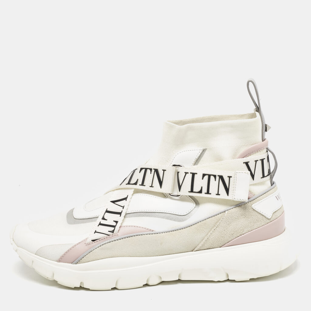 luxury-women-valentino-used-shoes-p1136837-005 Valentino Multicolor Knit Fabric And Leather VLTN High Top Sneakers Size 39