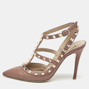 Valentino  Dusty Pink Leather Rockstud Ankle Strap Pumps Size 37