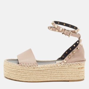 Valentino Blush Leather Rockstud Platform Espadrille Sandals Size 36