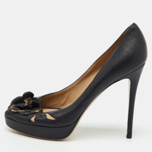 Valentino Black Leather Flower Embellished Peep Toe Platform Pumps Size 38.5