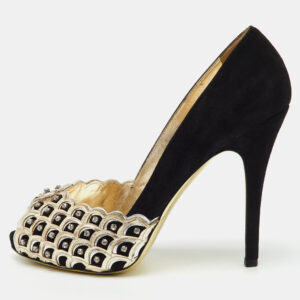 Valentino Black/Gold Suede Crystal Embellished Peep Toe Platform Pumps Size 37.5