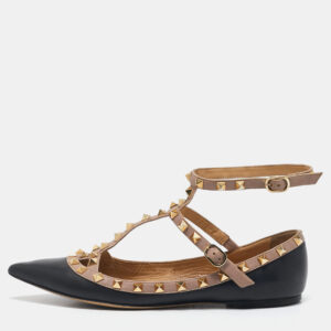 Valentino Black/Beige Leather Rockstud Caged Ballet Flats Size 39