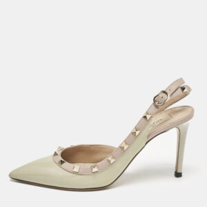 Valentino Dusty Pink/Green Patent and Leather Rockstud D'orsay Slingback Pumps Size 37