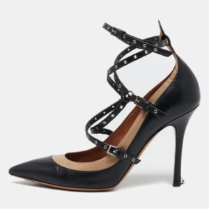 Valentino Beige/Black Leather Love Latch Detail Eyelet Embellished Pumps Size 37