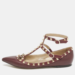 Valentino Burgundy Leather Rockstud Ballet Flats Size 38