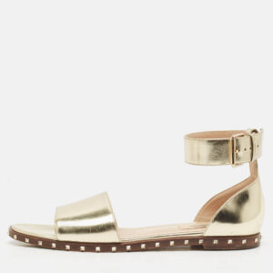 Valentino Gold Leather Soul Rockstud Ankle Strap Flat Sandals Size 38