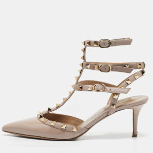 Valentino Beige/Pink Patent Leather and Leather Rockstud Ankle Strap Pumps Size 39.5
