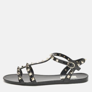 valentino black rubber rockstud ankle strap flat sandals size 38