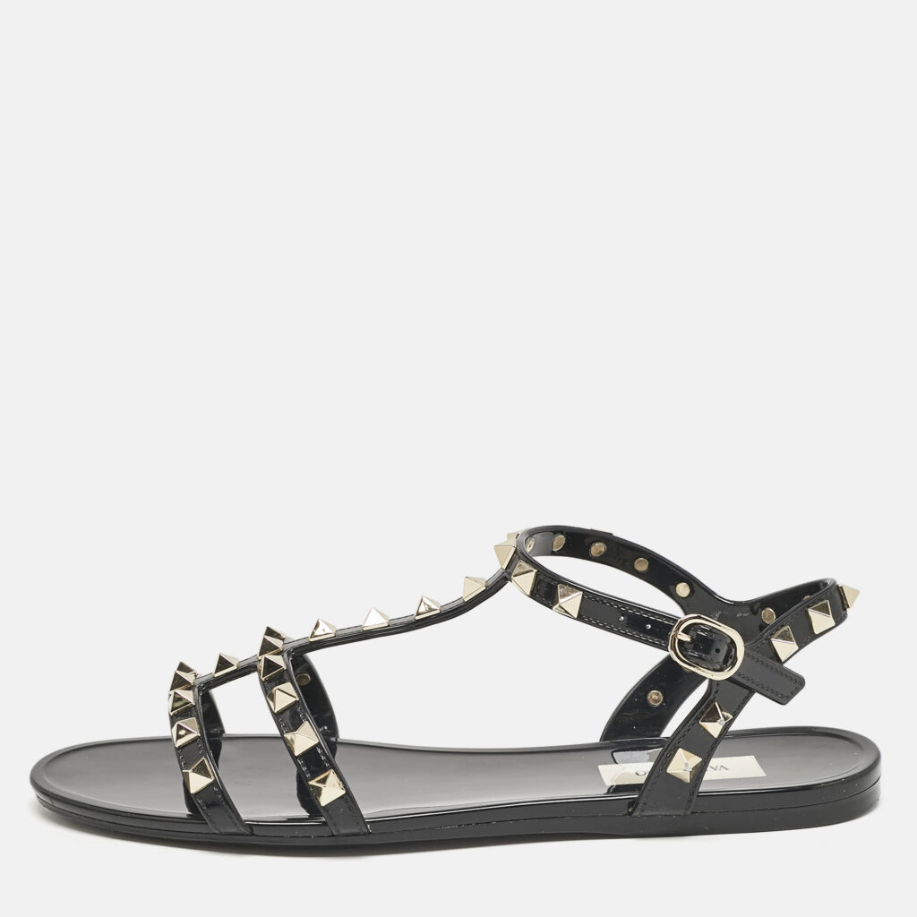 Valentino Black Rubber Rockstud Ankle Strap Flat Sandals Size 38
