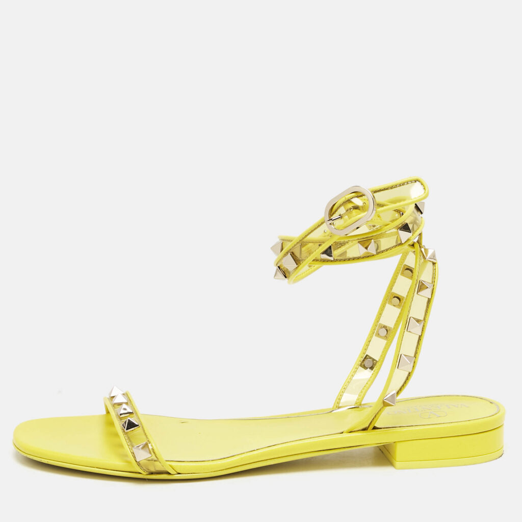 Valentino Yellow PVC and Leather Rockstud Ankle Strap Flat Sandals Size 39