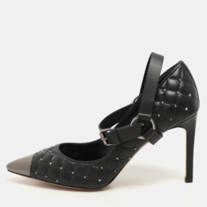 Valentino Black Quilted Leather Rockstud Spike Ankle Strap Cap Toe Pointed Pumps Size 36.5
