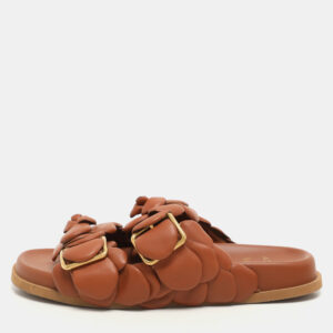 Valentino Brown Leather Atelier 03 Rose Edition Flat Slide Sandals Size 37