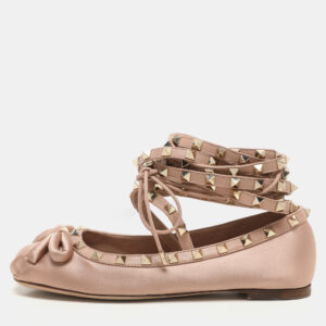 Valentino Rose Cannelle Satin and Leather Rockstud Multi Strap Ballet Flats Size 36.5