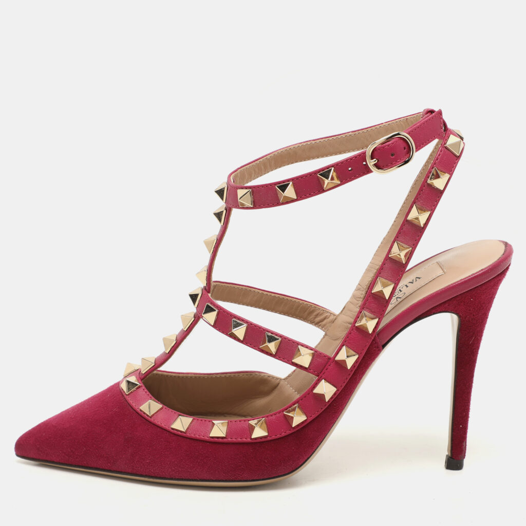 luxury-women-valentino-used-shoes-p1145940-010 Valentino Pink Suede Rockstud Ankle Strap Pumps Size 37