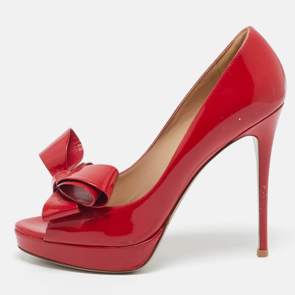 luxury-women-valentino-used-shoes-p1146354-010 Valentino Red Patent Leather Bow Peep Toe Pumps Size 38.5