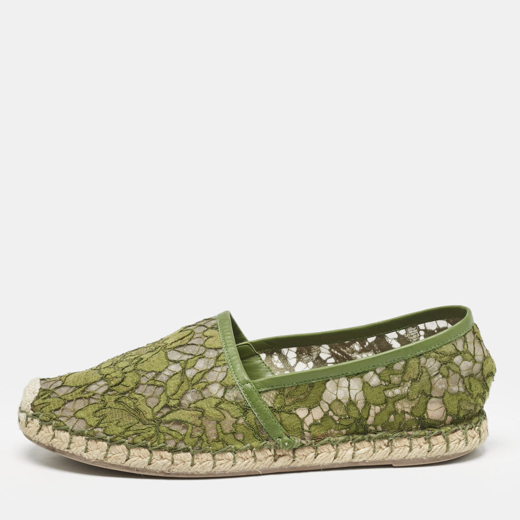 luxury-women-valentino-used-shoes-p1147040-001 Valentino Green Floral Lace and Mesh Espadrille Flats Size 38
