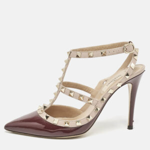 Valentino Burgundy/Beige Patent Leather and Leather Rockstud Caged Ankle Strap Pumps Size 38