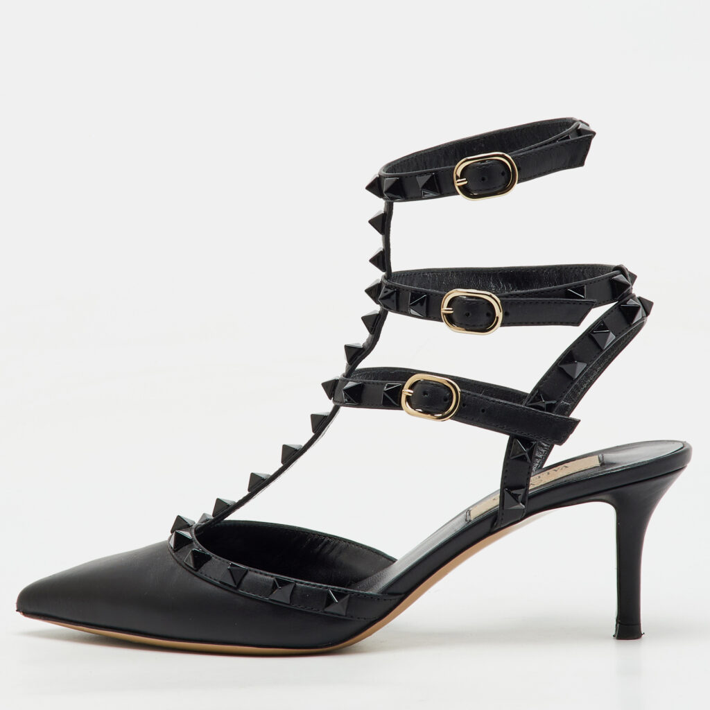 Valentino Black Leather Rockstud Caged Ankle Strap Pumps Size 37