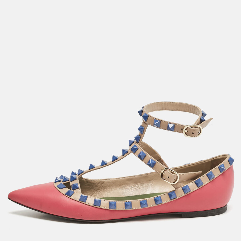 luxury-women-valentino-used-shoes-p1149262-010 Valentino Pink/Beige Leather Rockstud Cage Ballet Flats Size 36.5