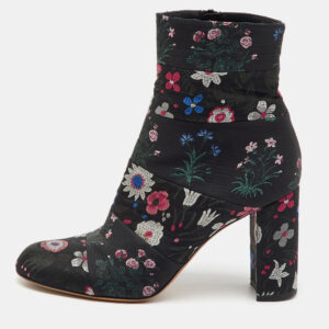 valentino black fabric floral print block heel ankle length boots size 40