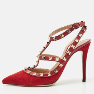 valentino red suede rockstud ankle strap pumps size 37
