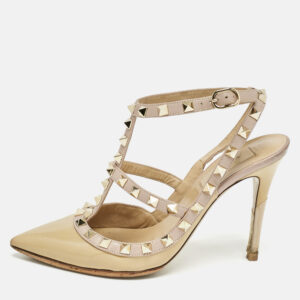 Valentino Beige/Dusty Pink Patent Leather Rockstud Caged Ankle Strap Pumps Size 37